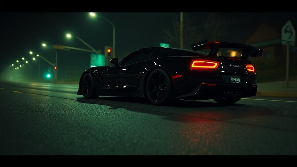 Music video still of a black sports car under green street lights